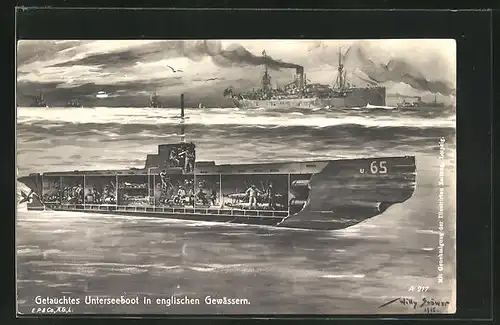 Künstler-AK Willy Stoewer: Getauchtes U-Boot in englischen Gewässern, Kriegsschiffe an der Oberfläche