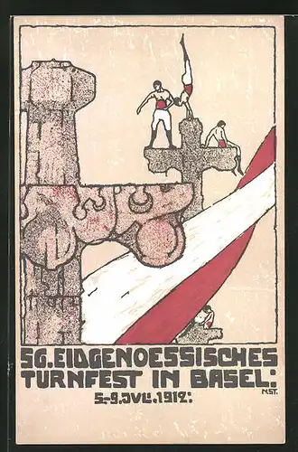 Künstler-AK Basel, 56. Eidgenössisches Turnfest 1912, Turner auf dem Münster