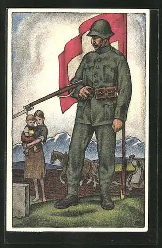 Künstler-AK Schweizer Soldat in Uniform mit Stahlhelm, Bajonett und Fahne, Nationalspende