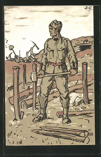 Lithographie schweizer Soldat mit Hammer baut einen Schützengraben