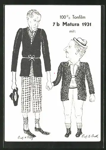 AK Absolvia, Matura 1931, zwei Männer mit zu kurzer Kleidung halten sich an den Händen