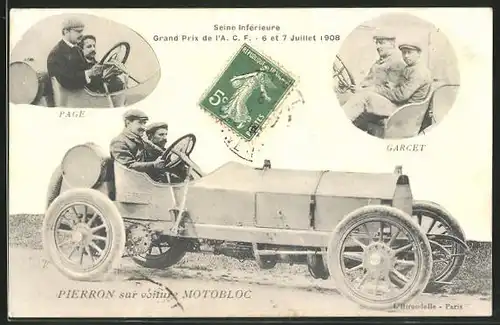 AK Autorennen Grand Prix de l'A. C. F. 1908, Pierron sur voiture Motobloc