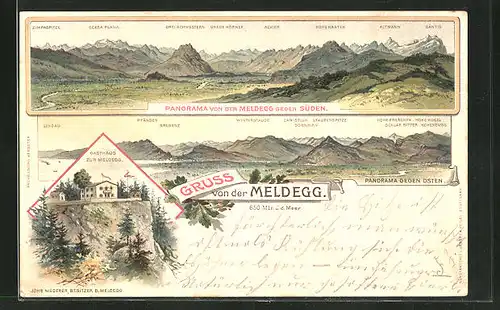 Lithographie Appenzell, Panoramavon der Meldegg gegen Süden, Panorama gegen Osten Gasthaus zur Meldegg