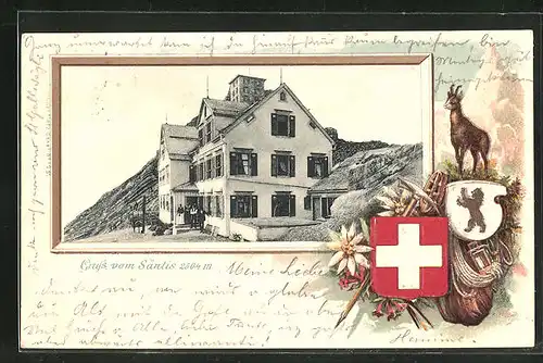 Präge-Lithographie Säntis, Schweizer Wappen mit Bergziege, Hotel auf dem hohen Säntis