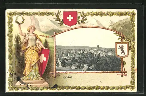 Präge-Passepartout-Lithographie Heiden, Helvetia mit Siegerkranz und Schweizer Wappen, Totalansicht auf Ort