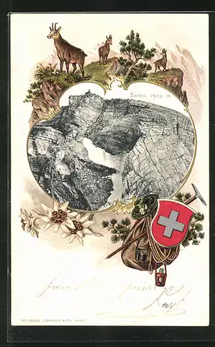 Präge-Lithographie Säntis, Gämse und Edelweiss, Rucksack mit Schweizer Wappen