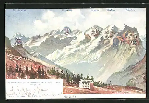 Künstler-AK Ernst Schlemo, Killinger Nr. 95: Berner Alpen v. d. Engstlenalp betrachtet, Berg mit Gesicht / Berggesichter