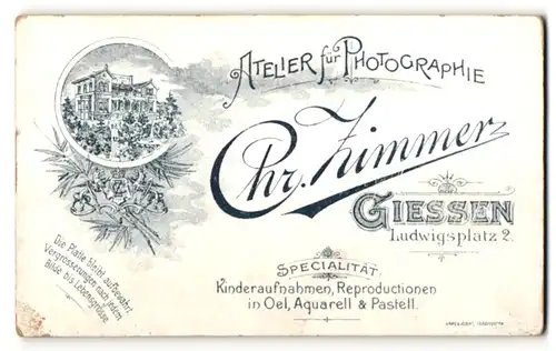 Fotografie Chr. Zimmer, Giessen, rückseitige Ansicht Giessen, Atelier Ludwigsplatz 2, vorderseitig Portrait