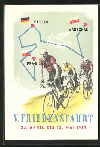 AK V. Friedensfahrt Warschau-Berlin-Prag 1952, Streckenführung, Radsportler