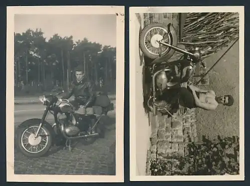 2 Fotografien Motorrad Jawa, Krad mit 175ccm Motor neben einer Autobahn, Fahrer mit freiem Oberkörper