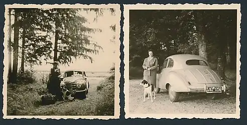 2 Fotografien Auto DKW, Dame mit Hund am PKW, Kfz-Kennzeichen FB82-3254