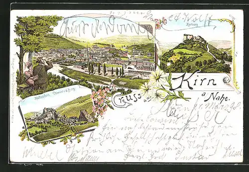 Lithographie Kirn a. Nahe, Kyburg, Überreste der Burg Kallenfels, Ortsansicht