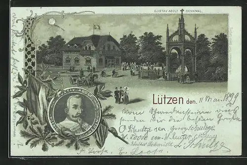Mondschein-Lithographie Lützen, Gustav Adolf Denkmal, Gustav Adolf, König von Schweden