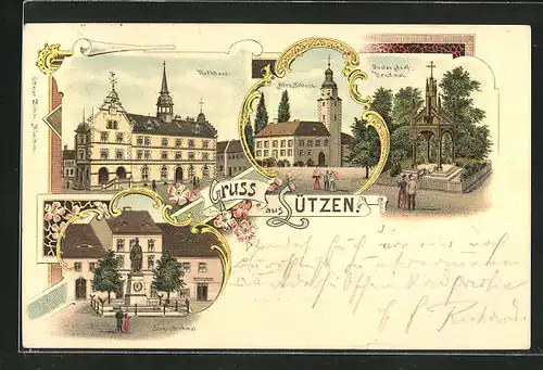 Lithographie Lützen, Rathaus, Altes Schloss, Sieges Denkmal