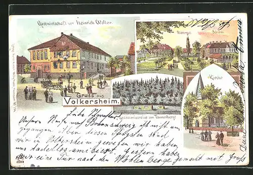 Lithographie Volkersheim, Gastwirtschaft Heinrich Wolter, Rittergut und Schloss, Gedächtnissteine am Tanneberge, Kirche