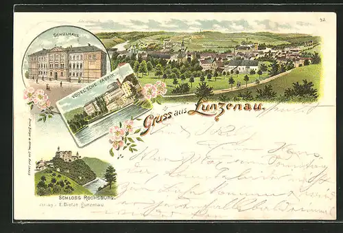 Lithographie Lunzenau, Schulhaus, Vogel'sche Fabrik, Schloss Rochsburg