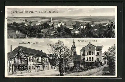 AK Ruttersdorf / Thür., Ortsansicht, Gasthaus M. Oswald und Blick auf Kirche und Pfarrhaus