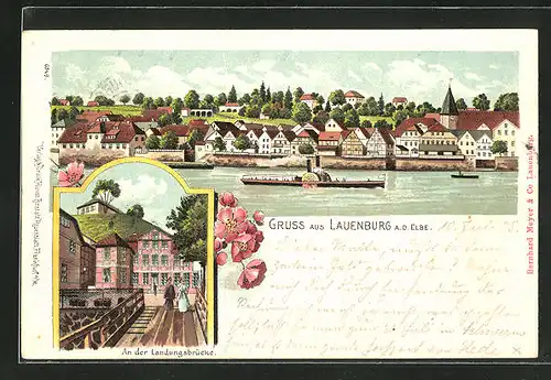 Lithographie Lauenburg a. d. Elbe, Partie an der Landungsbrücke, Teilansicht von der Elbe aus