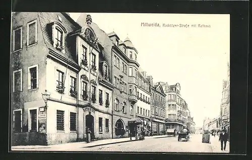 AK Mittweida, Rochlitzer-Strasse mit Rathaus