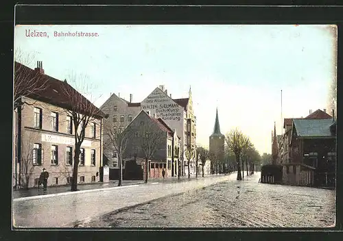 AK Uelzen, Bahnhofstrasse mit Mundschenk's Buchdruckerei