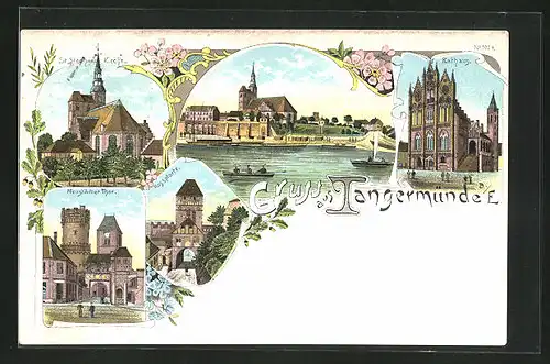 Lithographie Tangermünde a. E., St. Stephans Kirche, Neustädter Thor, Rosspforte, Rathaus