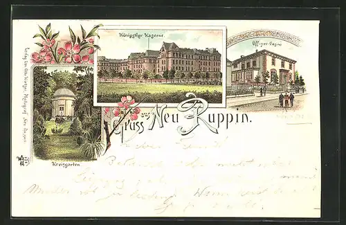 Vorläufer-Lithographie Neu Ruppin, 1894, Kreisgarten, Königsthor Kaserne, Offizier-Casino