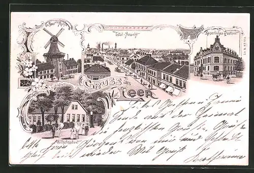 Lithographie Leer, Wilhelmslust, Boer'sche Mühle, Kaiserl. Postamt