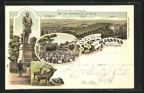 Lithographie Wernigerode, Gasthaus zur Harburg, Blick vom Armeleuteberg, Bismarck-Denkmal