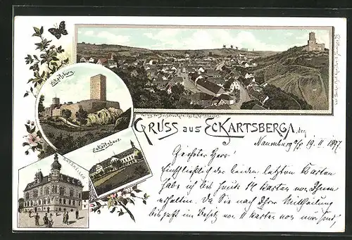 Lithographie Eckartsberga, Gasthaus Ratskeller, Eckartshaus, Ortsansicht