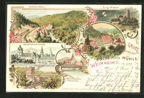 Lithographie Weinheim, Gasthaus zur Fuchs'schen Mühle, Hildebrandt'sche Kunstmühle