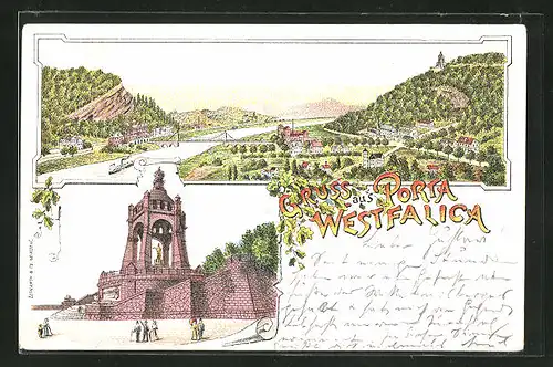 Lithographie Porta Westfalica, Kaiser-Wilhelm-Denkmal, Panoramablick auf Ort und Weser