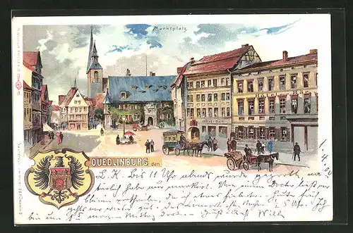 Lithographie Quedlinburg, Marktplatz mit Hotel zum Bär, Wappen