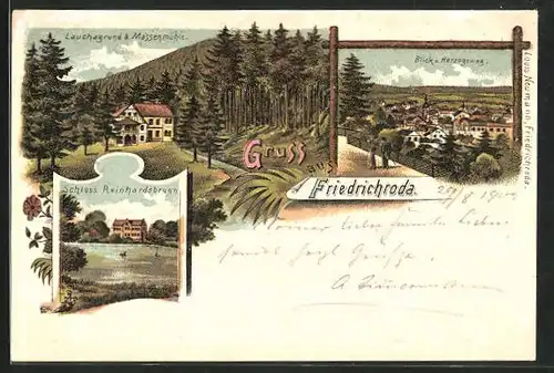 Lithographie Friedrichroda, Blick auf Lauchagrund und Massenmühle, Schloss Reinhardsbrunn und Blick auf den Ort