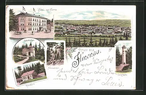 Lithographie Ilmenau, Ortsansicht, Hotel zur Tanne, Blick auf Schwalbenstein, Goethehäuschen und Kickelhahn