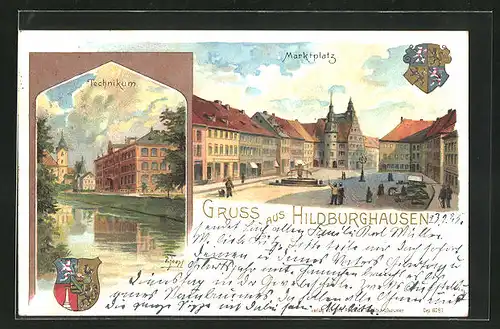 Lithographie Hildburghausen, Blick auf Marktplatz und Technikum, Wappen