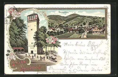 Lithographie Zwingenberg a. d. B., Gesamtansicht, Leute am Aussichtsturm auf dem Melibocus