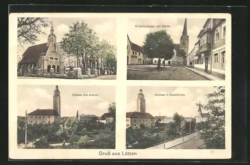 AK Lützen, Wilhelmstrasse mit Kirche, Schloss mit Schule