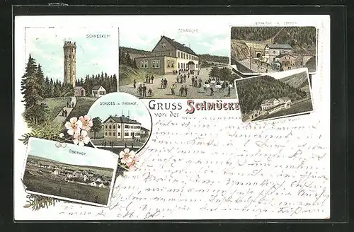 Lithographie Gehlberg, Gasthaus Schmücke, Schloss in Oberhof, Schneekoppe