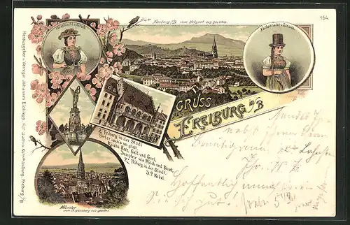 Lithographie Freiburg, Teilansicht, Frau in Volkstracht v. Elzach, Münster, Frau in Volkstracht v. Gutach