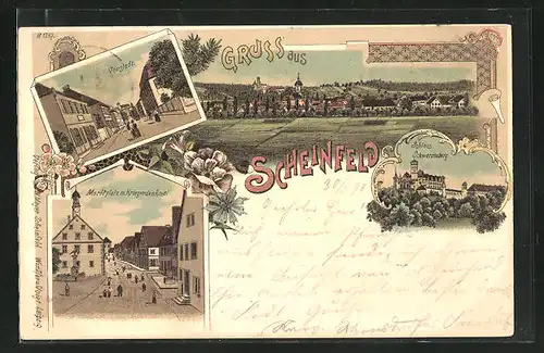 Lithographie Scheinfeld, Teilansicht, Vorstadt, Marktplatz m. Kriegerdenkmal, Schloss Schwarzenberg