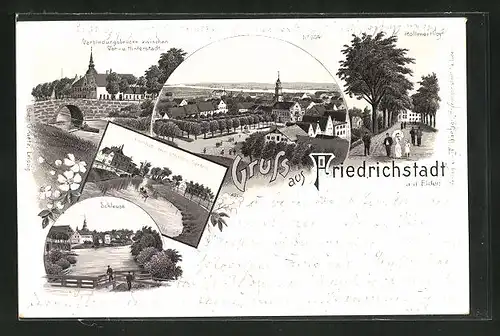 Lithographie Friedrichstadt a. d. Eider, Ortsansicht, Blick auf Schleuse, Hollmerthor u. Verbindungsbrücke