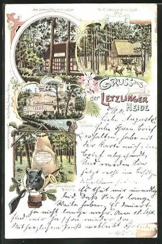 Lithographie Letzlingen, Gasthaus Im durstigen Keller, Gedenkstein Sr. Majestät Wilhelm I, Kaiserl. Jagdschloss