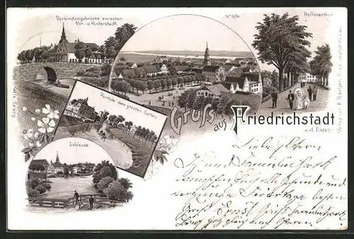 Lithographie Friedrichstadt / Eider, Brücke zwischen Vor-und Hinterstadt, Hollmerthor, Schleuse, grossen Garten