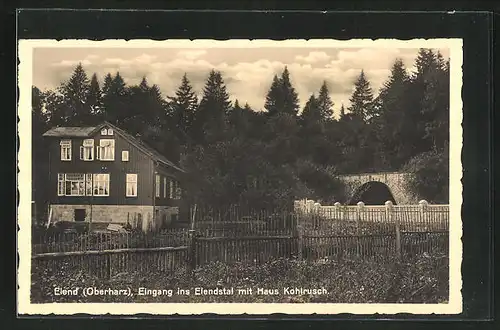 AK Elend / Oberharz, Eingang ins Elendstal mit Hotel Haus Kohlrusch