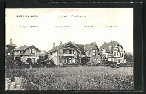 AK Ilsenburg, Hagenberg-Friedrichstrasse mit Haus Winkelmann, Pension Stöckler, Villa Marie, Villa Daheim