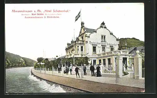 AK Assmannshausen a. Rh., Hotel Schützenhof am Flussufer