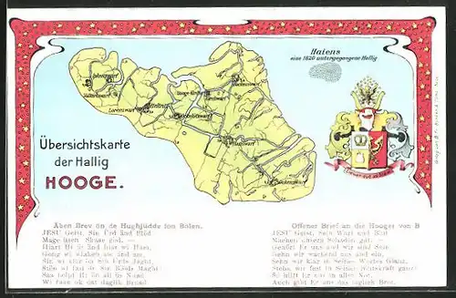 AK Hallig Hooge, Landkarte mit Wappen, Ipkenswarf, Volkerswarf