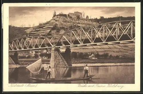 AK Karlstadt, Teilansicht Brücke mit Ruine Karlsburg mit Boot