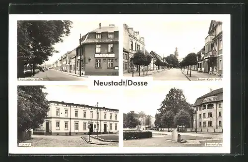 AK Neustadt / Dosse, Karl-Marx-Strasse, Robert-Koch-Strasse, Bahnhof