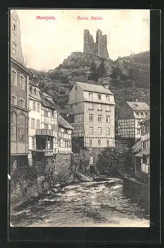 AK Montjoie, Ortsansicht auf Ruine Haller, Laufenbach mit Häuser